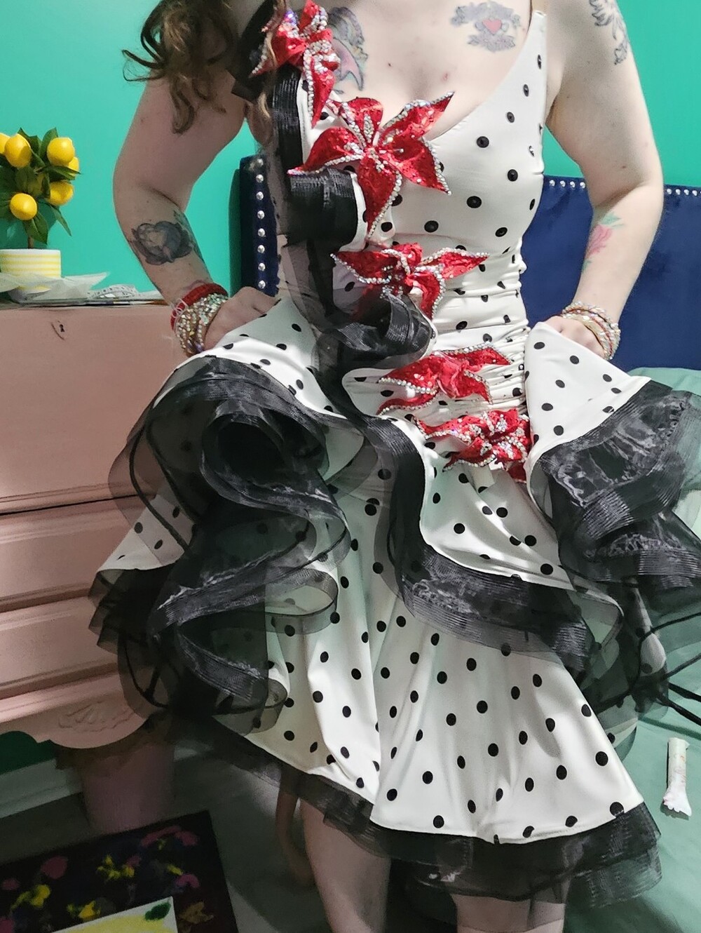 "Lola" - Polka Dot couture Valeria Designs Swing dresss w/ red Swarovski flowers - Picture 14 of 15